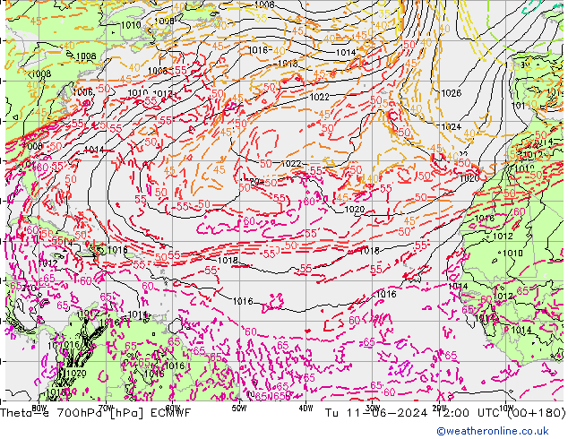 Theta-e 700hPa ECMWF mar 11.06.2024 12 UTC