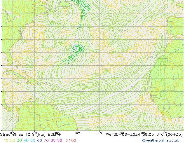Linea di flusso 10m ECMWF mer 05.06.2024 09 UTC