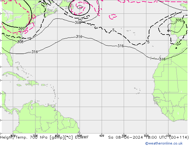 Height/Temp. 700 hPa ECMWF So 08.06.2024 18 UTC