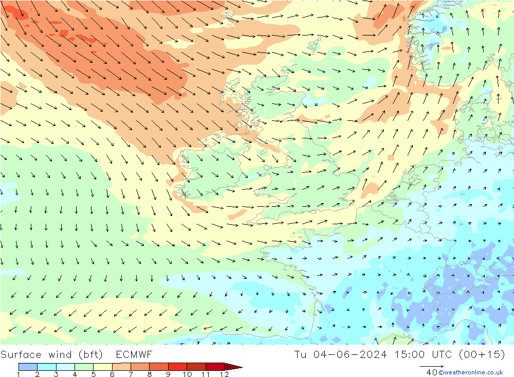 Surface wind (bft) ECMWF Út 04.06.2024 15 UTC