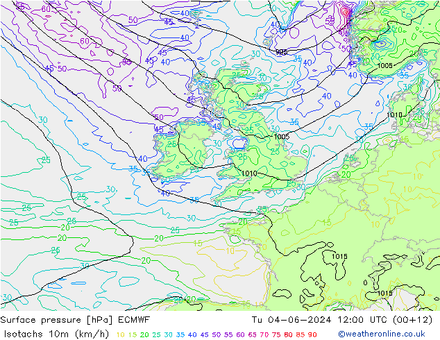 Isotachs (kph) ECMWF Tu 04.06.2024 12 UTC