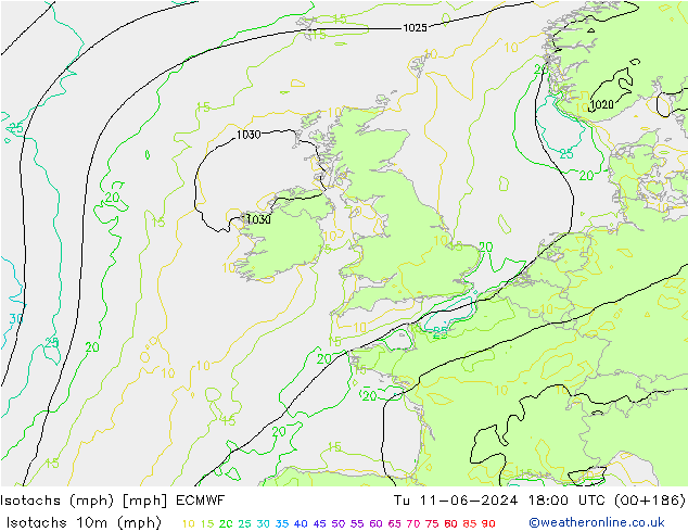 Izotacha (mph) ECMWF wto. 11.06.2024 18 UTC