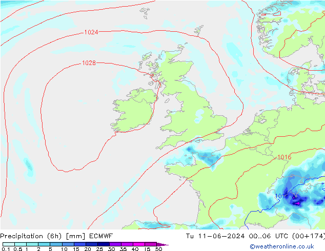 Precipitazione (6h) ECMWF mar 11.06.2024 06 UTC