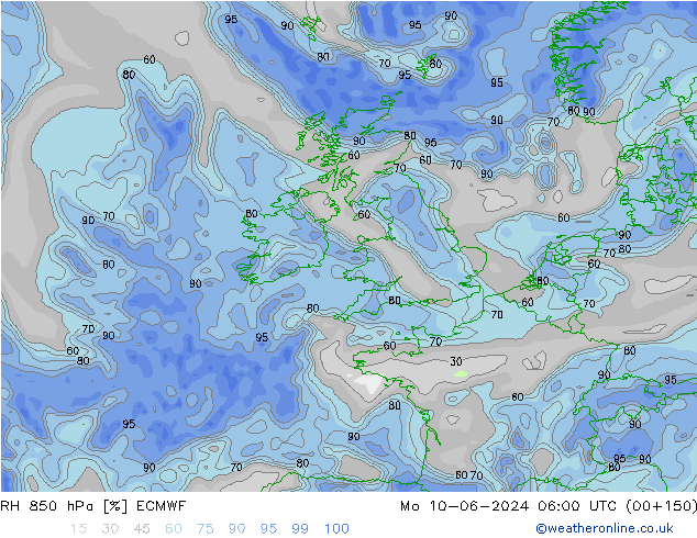 RH 850 hPa ECMWF lun 10.06.2024 06 UTC