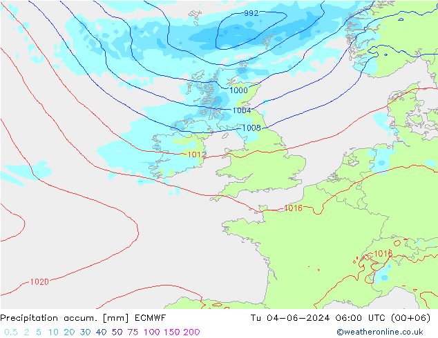 Precipitation accum. ECMWF вт 04.06.2024 06 UTC