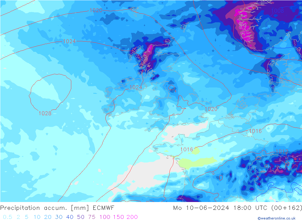 Precipitation accum. ECMWF pon. 10.06.2024 18 UTC