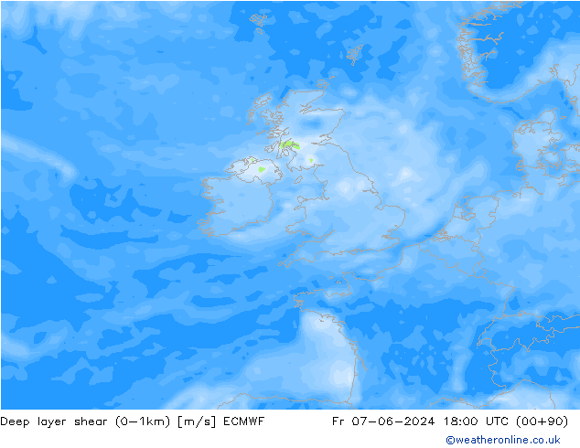 Deep layer shear (0-1km) ECMWF Fr 07.06.2024 18 UTC