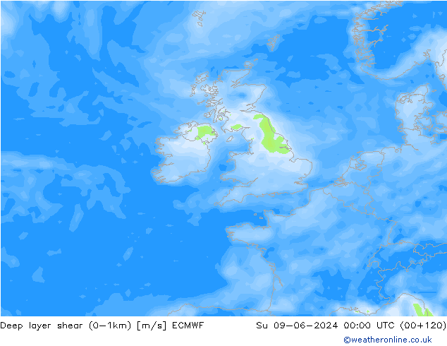 Deep layer shear (0-1km) ECMWF dim 09.06.2024 00 UTC