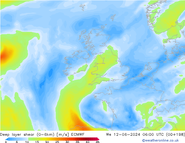 Deep layer shear (0-6km) ECMWF We 12.06.2024 06 UTC