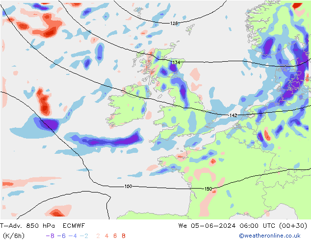 T-Adv. 850 hPa ECMWF śro. 05.06.2024 06 UTC