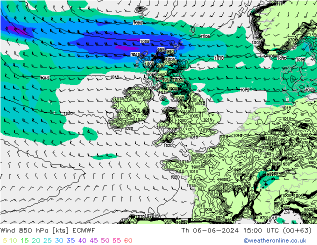 Rüzgar 850 hPa ECMWF Per 06.06.2024 15 UTC