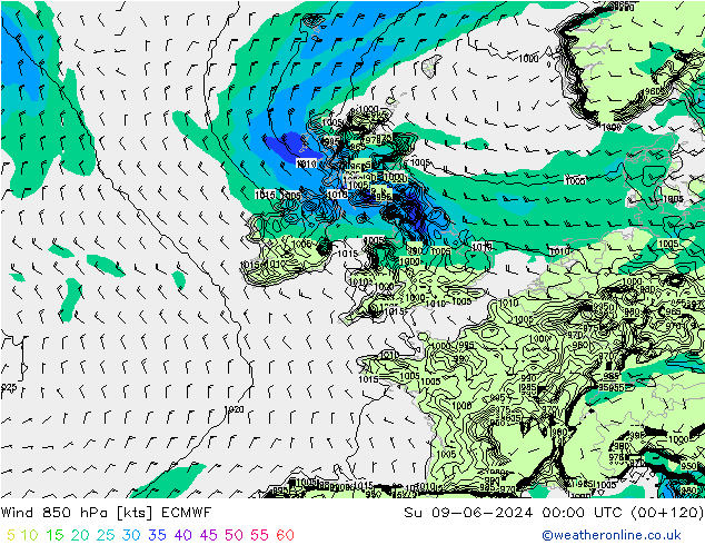 Vento 850 hPa ECMWF Dom 09.06.2024 00 UTC