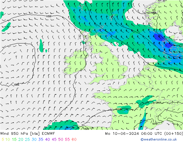 wiatr 950 hPa ECMWF pon. 10.06.2024 06 UTC