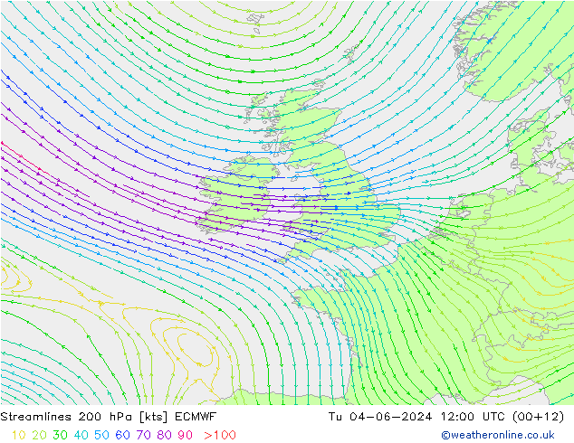 Streamlines 200 hPa ECMWF Út 04.06.2024 12 UTC