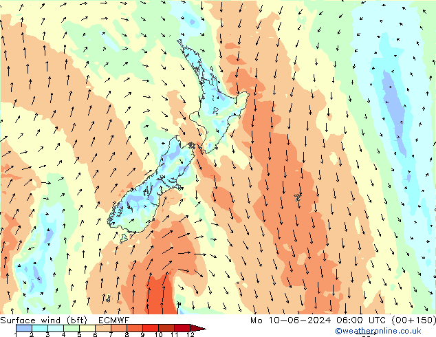 Surface wind (bft) ECMWF Po 10.06.2024 06 UTC
