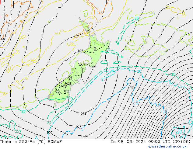 Theta-e 850hPa ECMWF so. 08.06.2024 00 UTC