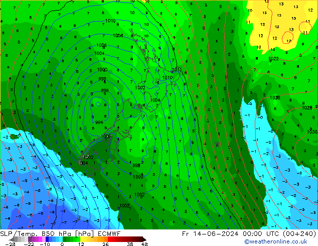 SLP/Temp. 850 hPa ECMWF Fr 14.06.2024 00 UTC