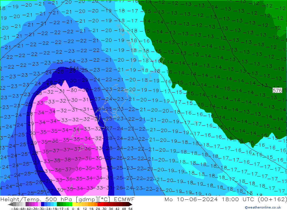 Height/Temp. 500 hPa ECMWF pon. 10.06.2024 18 UTC