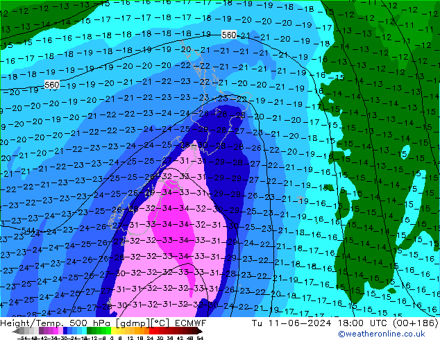 Z500/Rain (+SLP)/Z850 ECMWF Tu 11.06.2024 18 UTC