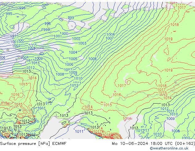 pressão do solo ECMWF Seg 10.06.2024 18 UTC