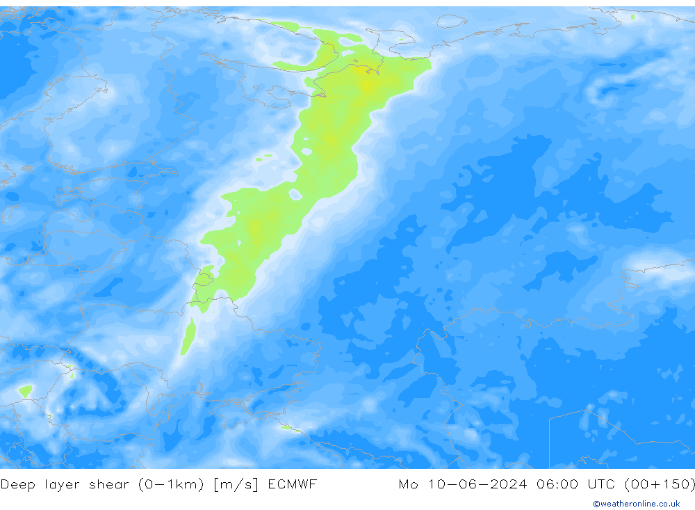 Deep layer shear (0-1km) ECMWF Mo 10.06.2024 06 UTC