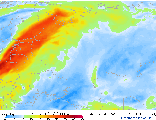 Deep layer shear (0-6km) ECMWF  10.06.2024 06 UTC