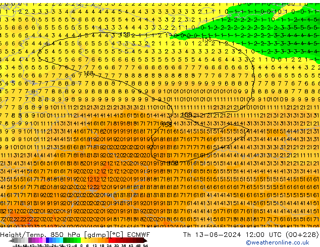 Z500/Rain (+SLP)/Z850 ECMWF jue 13.06.2024 12 UTC