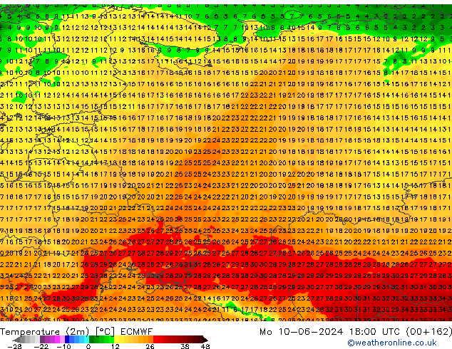 Temperature (2m) ECMWF Mo 10.06.2024 18 UTC