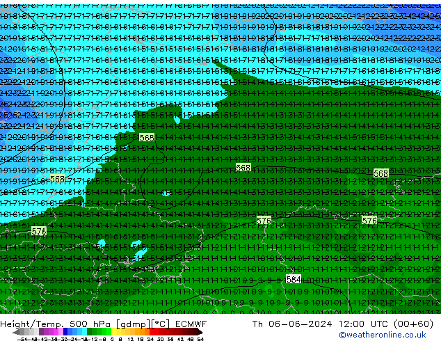 Height/Temp. 500 hPa ECMWF gio 06.06.2024 12 UTC