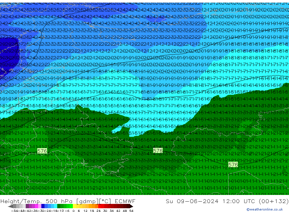 Z500/Rain (+SLP)/Z850 ECMWF Dom 09.06.2024 12 UTC