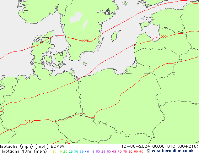 Isotaca (mph) ECMWF jue 13.06.2024 00 UTC