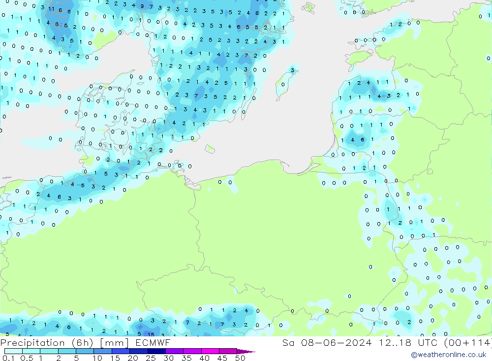 Precipitation (6h) ECMWF So 08.06.2024 18 UTC