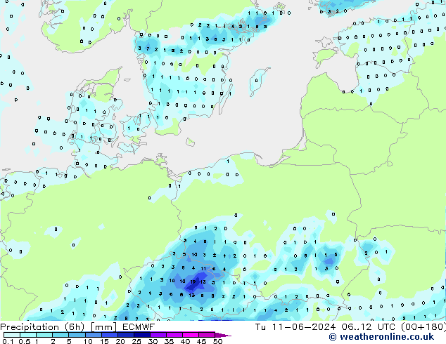 осадки (6h) ECMWF вт 11.06.2024 12 UTC