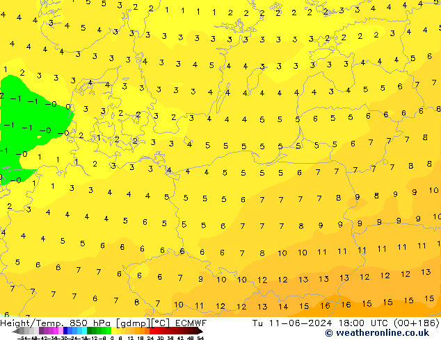 Height/Temp. 850 hPa ECMWF Tu 11.06.2024 18 UTC