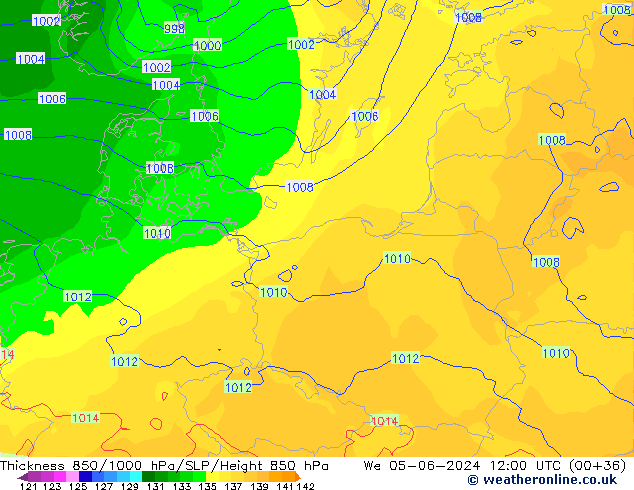 Thck 850-1000 hPa ECMWF Qua 05.06.2024 12 UTC