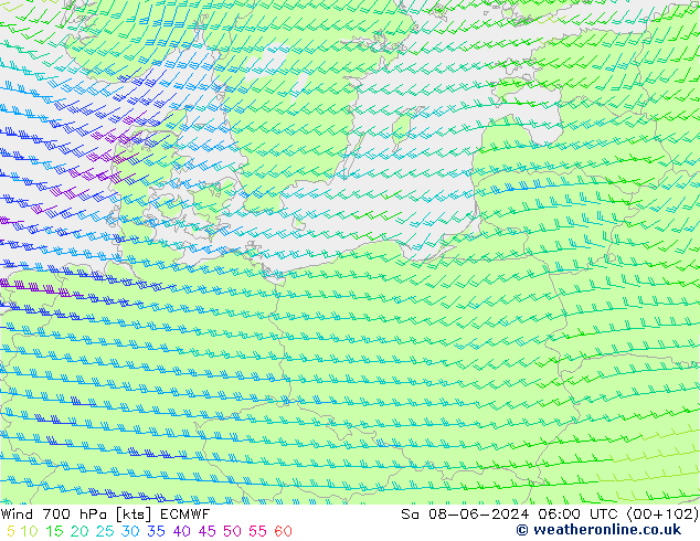 Vent 700 hPa ECMWF sam 08.06.2024 06 UTC