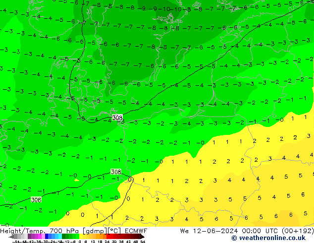 Height/Temp. 700 hPa ECMWF Mi 12.06.2024 00 UTC