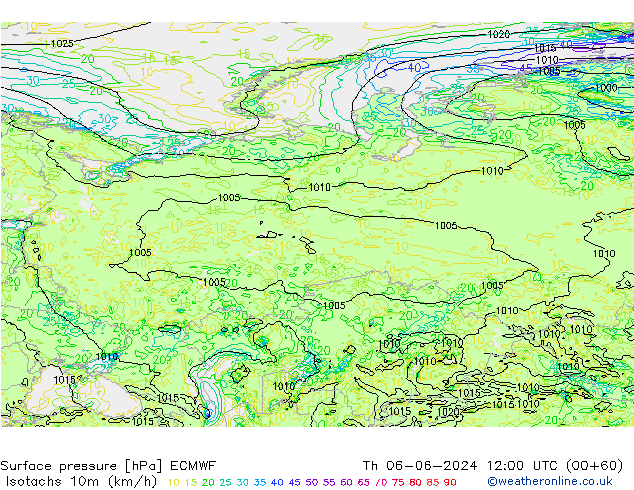 Isotachs (kph) ECMWF Th 06.06.2024 12 UTC