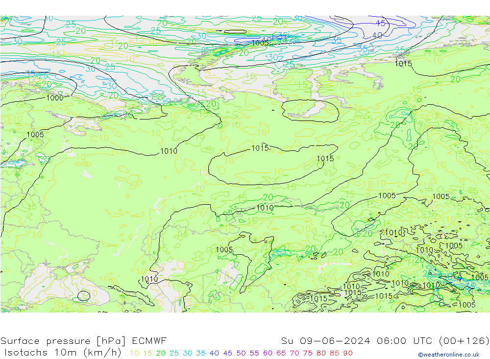 Isotachen (km/h) ECMWF zo 09.06.2024 06 UTC