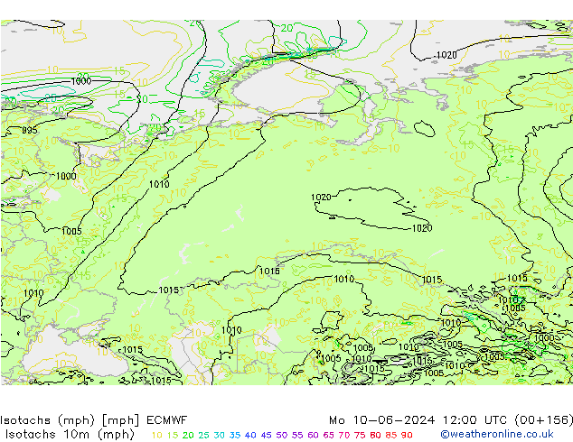 Isotachs (mph) ECMWF пн 10.06.2024 12 UTC