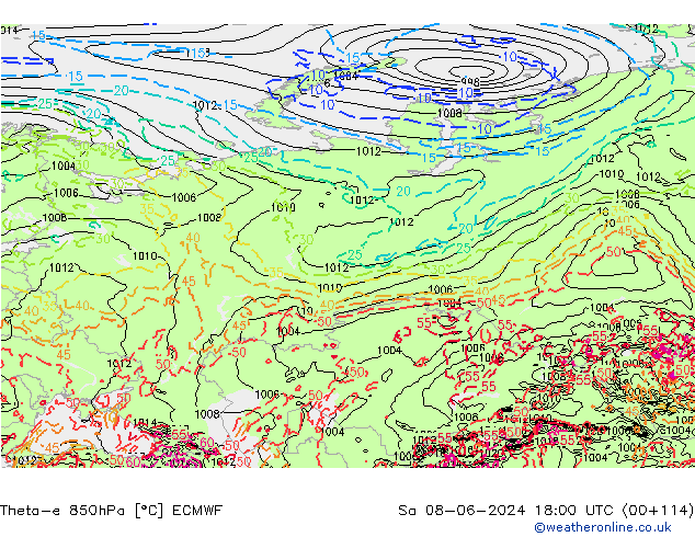 Theta-e 850hPa ECMWF za 08.06.2024 18 UTC