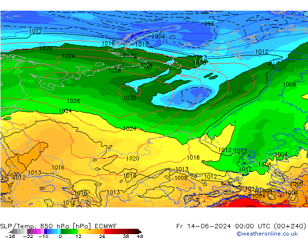 SLP/Temp. 850 hPa ECMWF pt. 14.06.2024 00 UTC