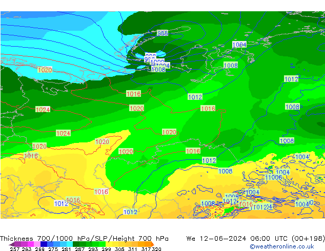 Espesor 700-1000 hPa ECMWF mié 12.06.2024 06 UTC