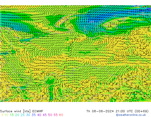 Vento 10 m ECMWF gio 06.06.2024 21 UTC