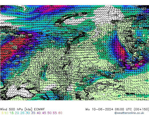 wiatr 500 hPa ECMWF pon. 10.06.2024 06 UTC