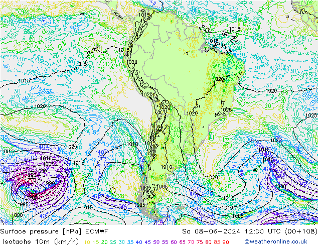 Isotachs (kph) ECMWF Sa 08.06.2024 12 UTC