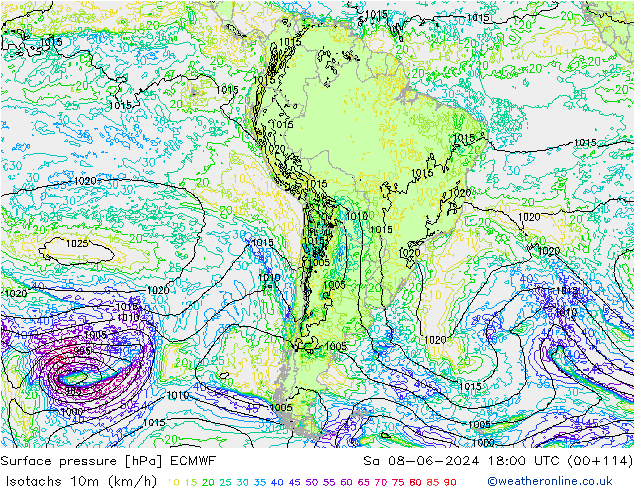 Isotachs (kph) ECMWF Sa 08.06.2024 18 UTC