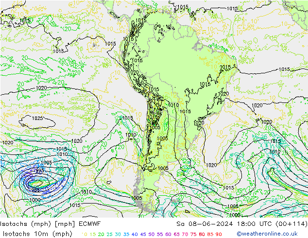 Isotachs (mph) ECMWF сб 08.06.2024 18 UTC