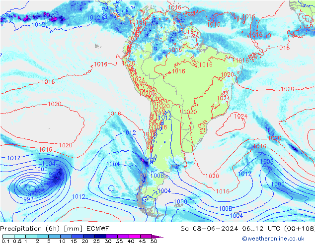 Totale neerslag (6h) ECMWF za 08.06.2024 12 UTC