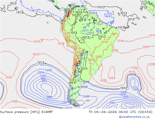 pressão do solo ECMWF Qui 06.06.2024 06 UTC